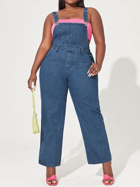 

plus pocket front denim overall without tube i928#, Black;white