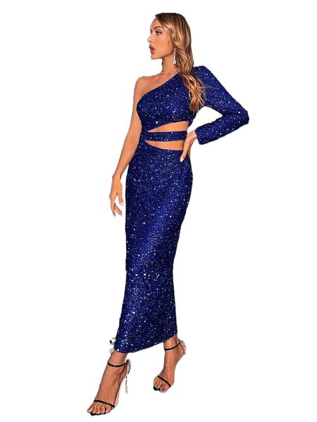 

one shoulder cut out split thigh sequins prom dress z6hf#, Black;gray