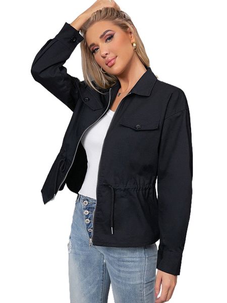 

flap detail drawstring waist drop shoulder zipper coat i4ir#, Black