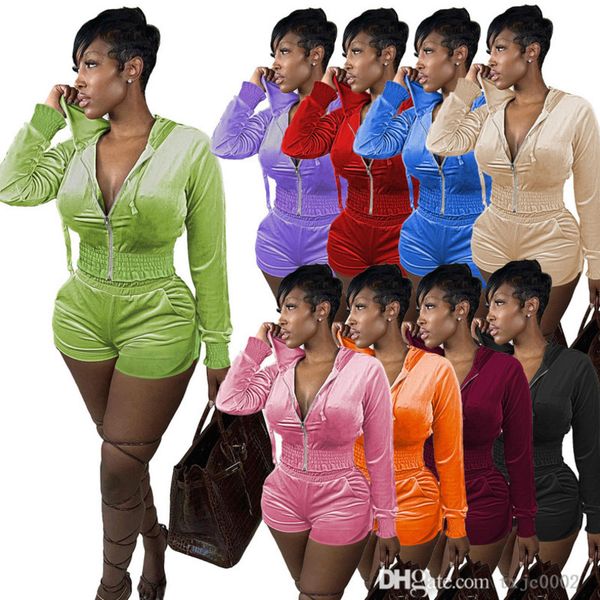 

designer women velvet hooded tracksuits two piece pants set 2022 autumn winter velour hoodies ruffle shorts outfits clothing, Gray