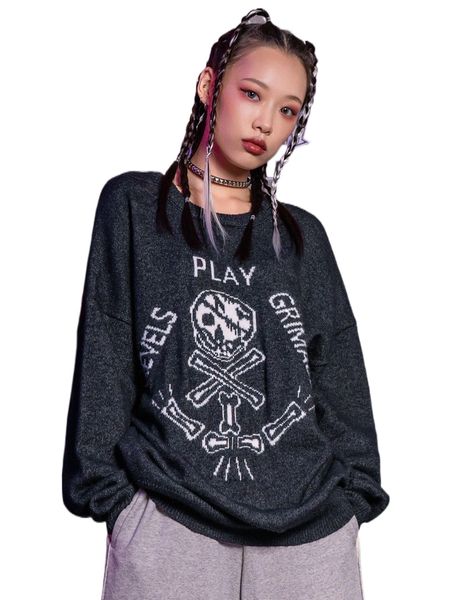 

dazy letter & skull pattern drop shoulder oversized sweater v8la#, White;black