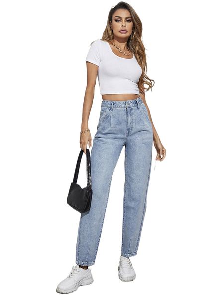 

high waist solid jeans k4te#, Blue