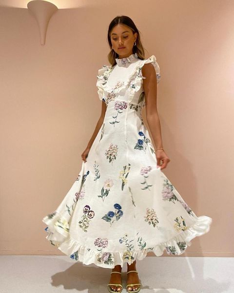 Lässige Kleider Modedesigner-Kleid für Frauen Rüschen ärmelloses Blumenmuster Party loses langes KleidLässig