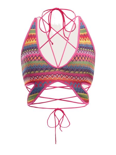 

geo pattern lace up backless crop halter g6cw#, White