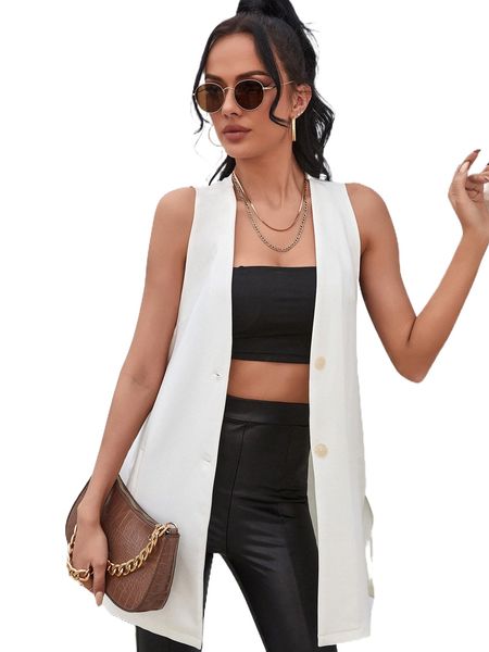 

slant pockets slit side sleeveless coat f9bf#, Black