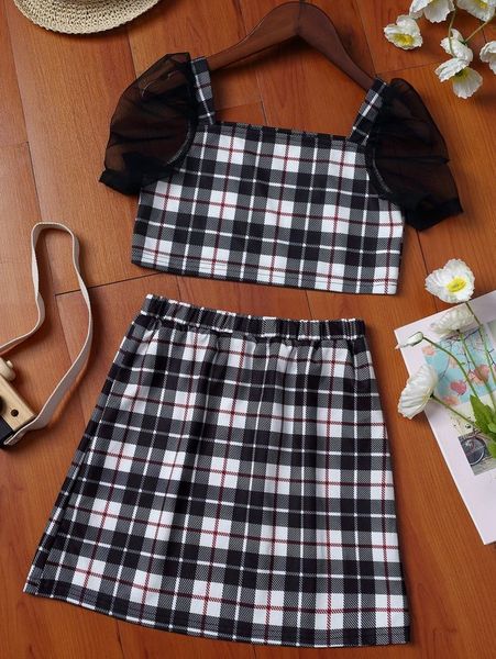 

girls plaid print contrast mesh puff sleeve & skirt she, White