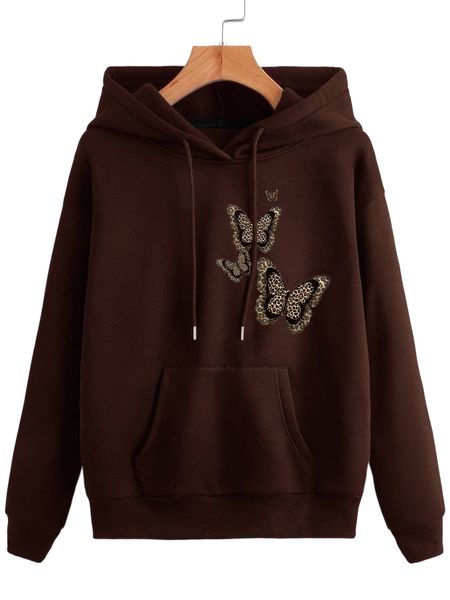 

leopard & butterfly print kangaroo pocket drawstring thermal hoodie m2hv#, Black