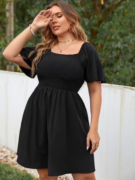 

plus shirred butterfly sleeve dress without belt m1hg#, Black