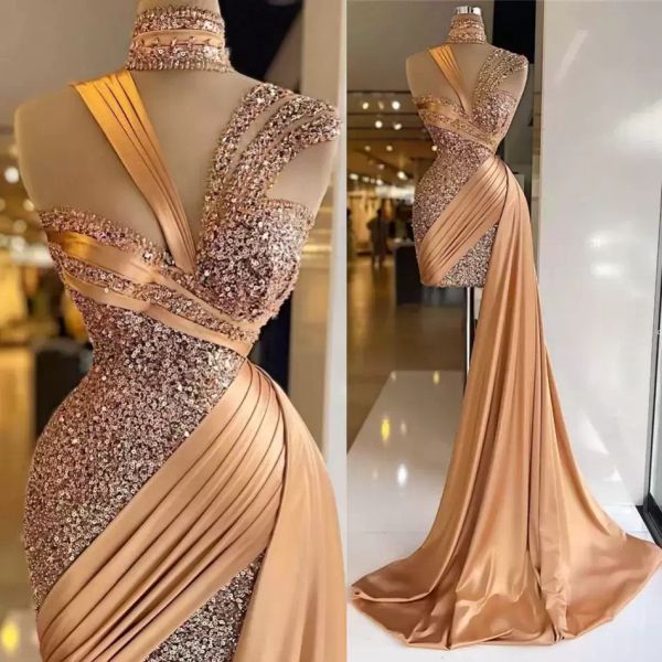 Plus Size Sparkle Sexy Gold Mermaid Abiti da sera Paillettes Pieghe Brevi Abiti da ballo Collo alto vestido de novia Custom Made