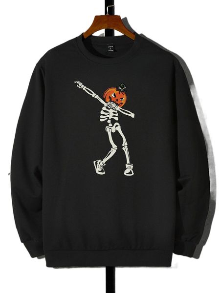 

men halloween pumpkin and skeleton print pullover d83n#, Black