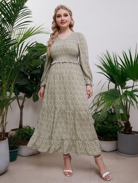 

plus ditsy floral flounce sleeve shirred ruffle hem dress 57zi#, Black