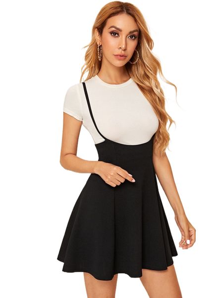 

high waist flared cami dress without tee p92j#, Black;gray