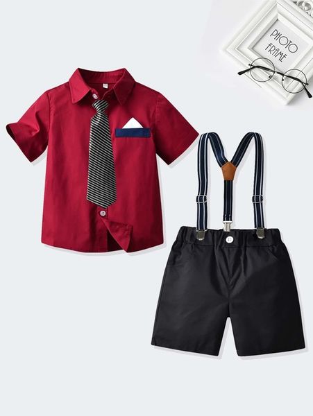 

toddler boys button front shirt & suspender shorts with tie she, White