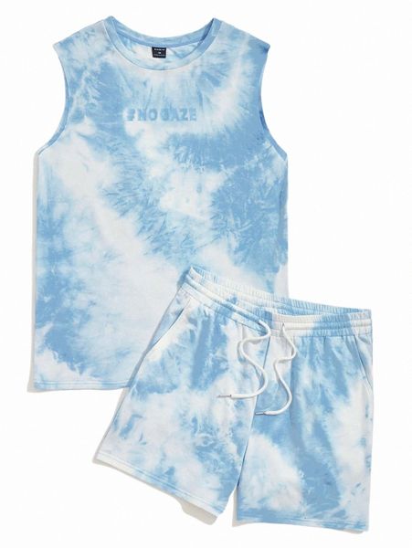 

men letter graphic tie dye tank & drawstring waist shorts o3mn#, Gray