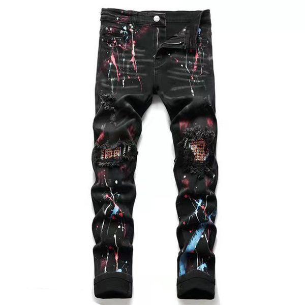 

fashion brand mens jeans designer luxury black hole printing paint splashing micro elastic men jean pants man straight slim fit sports casua, Blue