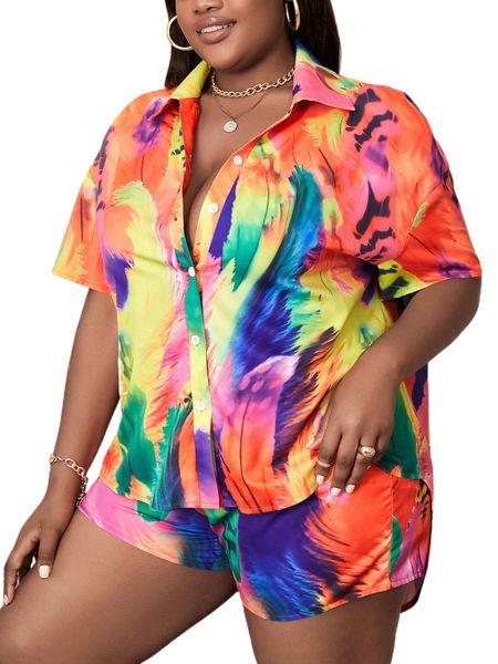 

sxy plus tie dye drop shoulder blouse & shorts 22dn#, Black