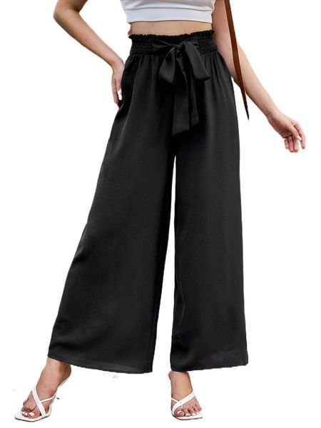 

paperbag waist knot front wide leg pants b3sj#, Black;white