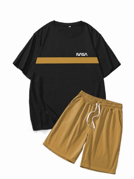 

men letter graphic colorblock tee & shorts c9xk#, Gray