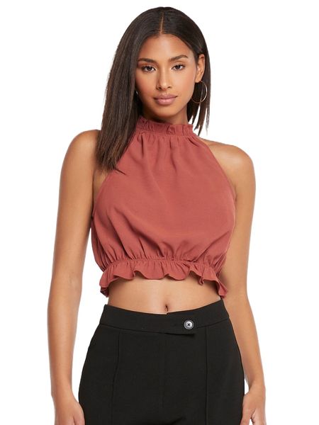 

tall tie back ruffle hem crop halter w5p1#, White