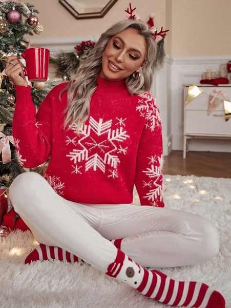 

christmas snowflake pattern mock neck drop shoulder sweater f65b#, White;black