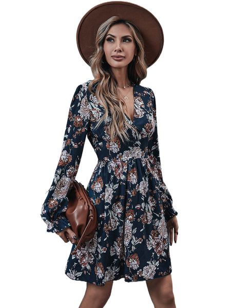 

floral print flounce sleeve dress w6u7#, Black;gray