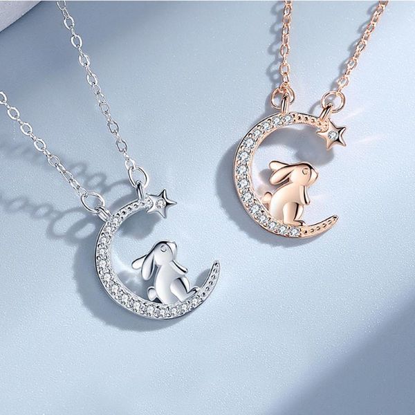 Collane con ciondolo Collana in argento sterling Donna in stile giapponese e coreano Stella Luna Moda Ins Simpatico ciondolo con catena a forma di clavicola animale