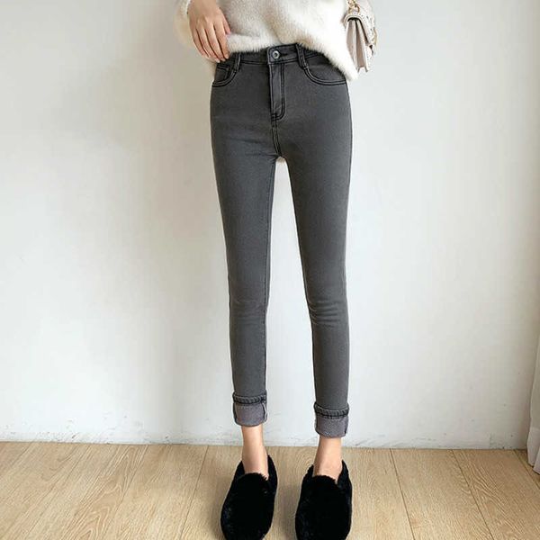 

winter thick fleece jeans for women stretch warm skinny denim velvet pencil woman female trousers plus size 210608, Blue