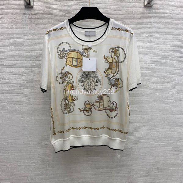 

women's t-shirt high end women's small car printing front silk elastic satin stitching back knitted short sleeve t-shirt, White