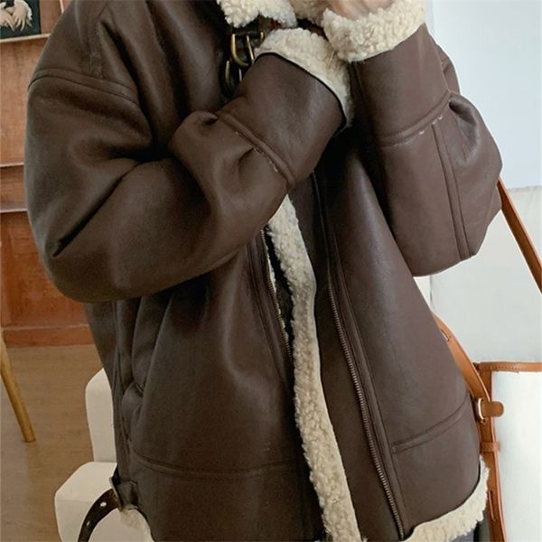 

ftlzz autumn winter women pu leather jacket streetwear female moto biker faux lamb sheepskin coat thick warm loose outwear 220815, Black
