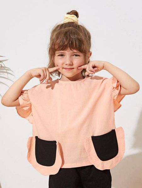 

sheen little girl's ruffle sleeve color blocking patch pocket she, White;black