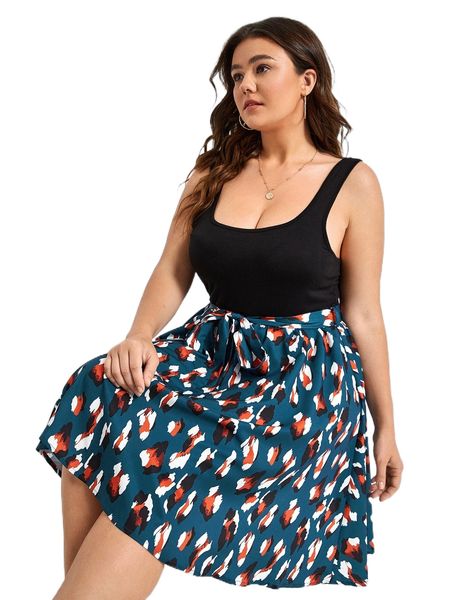 

plus graphic print belted dress n8we#, Black