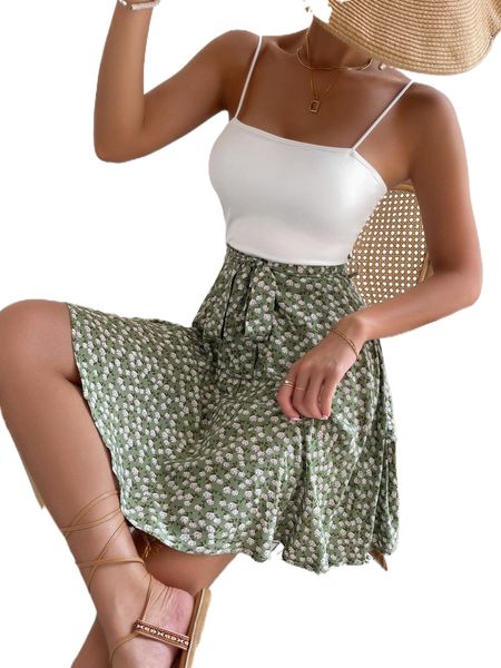

ditsy floral belted cami dress m8tf#, Black;gray