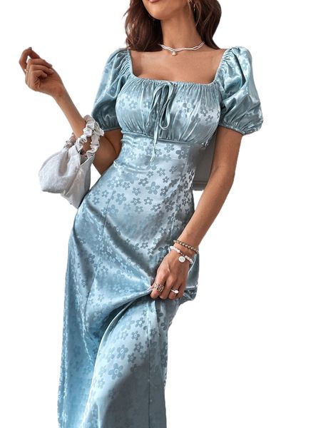 

floral jacquard tie front satin dress g18t#, Black;gray