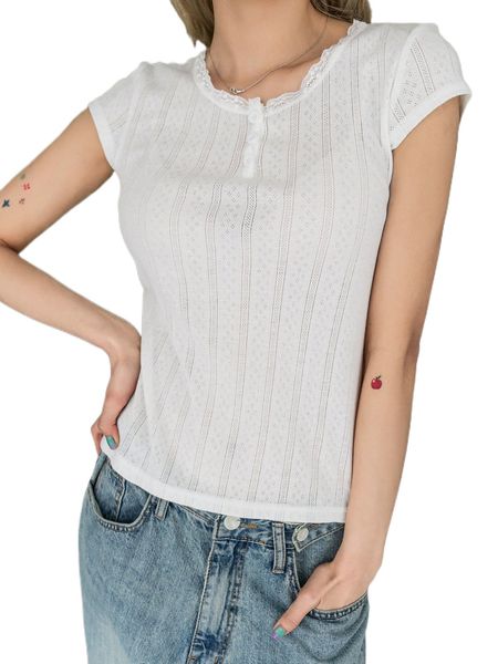

dazy contrast lace button front tee f4ki#, White