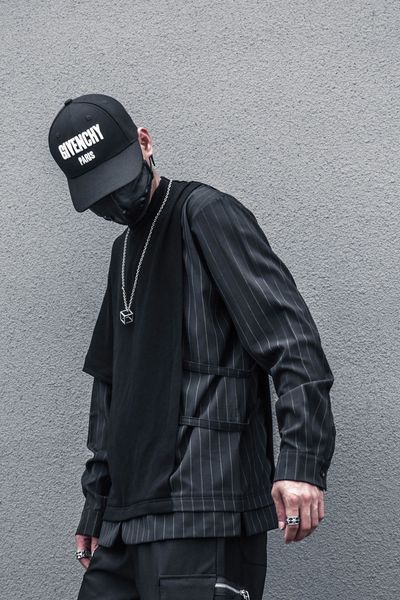 

long sleeve men's clothes harajuku oversized irregular stripe splicing winter holiday two shirts stylist half neck hiphop l220816, Black