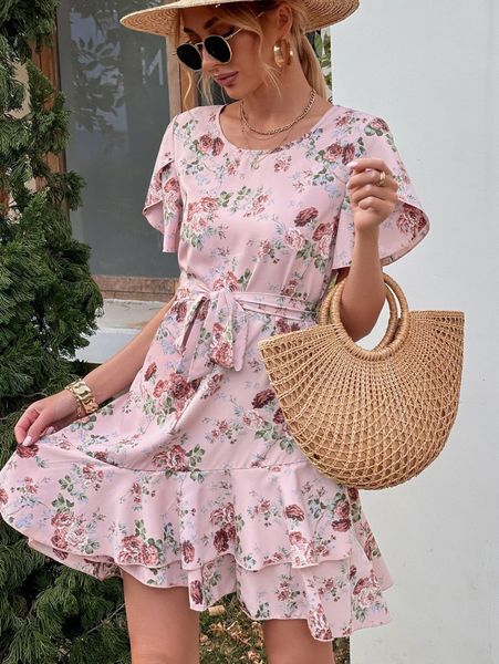 

floral print petal sleeve asymmetrical ruffle hem belted dress h2bg#, Black;gray