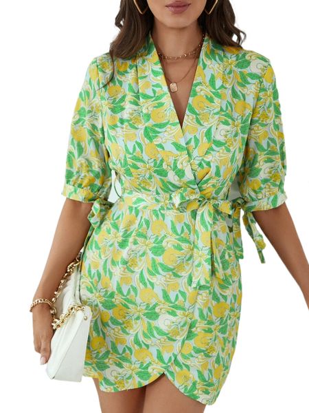 

scroll print puff sleeve wrap belted blazer dress l9rj#, White