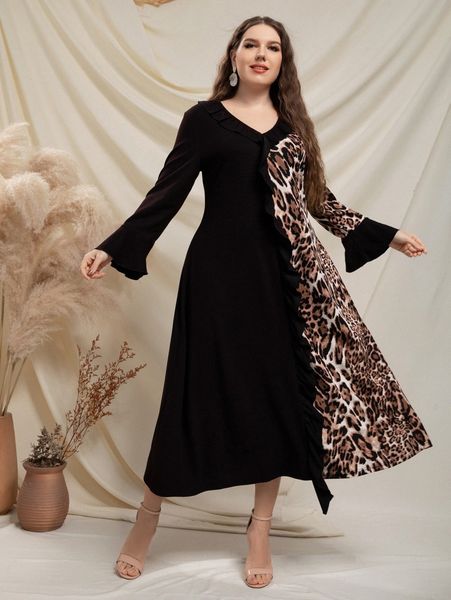 

plus leopard ruffle trim flounce sleeve dress l3um#, Black