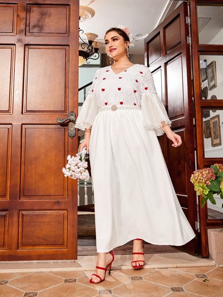 

plus heart embroidery flounce sleeve fuzzy & skirt without belt h2fb#, Black