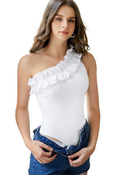 

one shoulder ruffle trim bodysuit y52z#, White