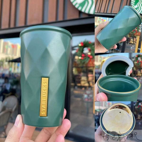 

starbucks cup new year gift 375ml classic green diamond checkered double-layer mug ceramic coffee cup
