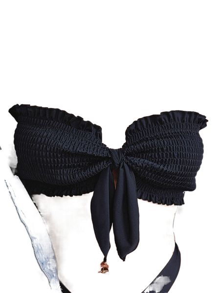 

smocked frill trim knot front bandeau bikini j7x9#, White;black