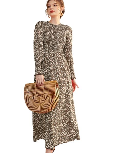 

ditsy floral puff sleeve shirred a-line dress q6bo#, Black;gray