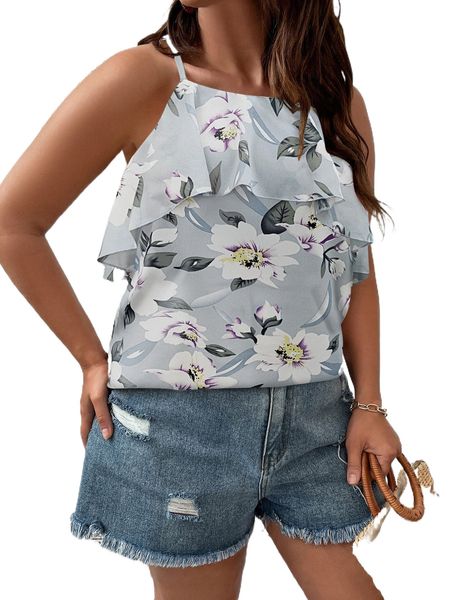 

plus floral print ruffle trim cami d6um#, Black