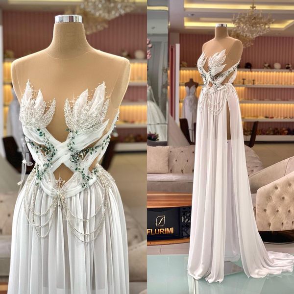 

high side split prom dresses chiffon a line beading sheer neck evening dress sweep train black girls party gowns