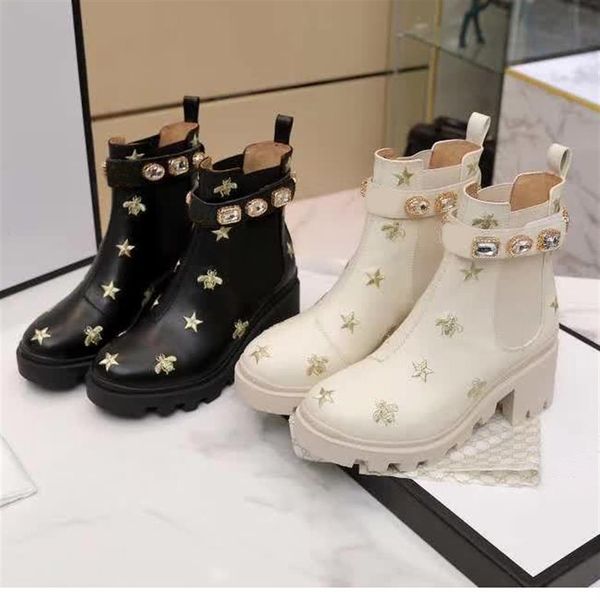 

designer women boots classic leather booties belt buckle ankle shoes desert martin boot female rough heel round head shoe with box307h, Black