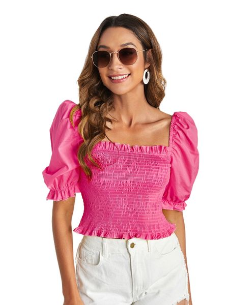 

shirred puff sleeve crop blouse x2bm#, White