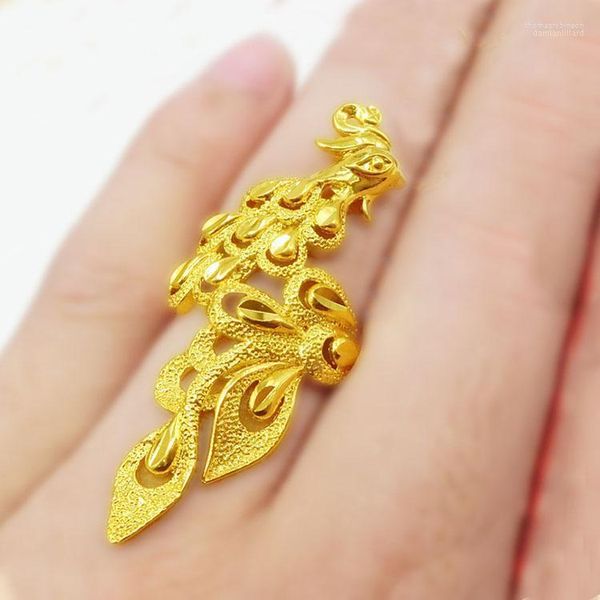 Anéis de casamento anel de pavão aberto Anel de ouro amarelo cheio de jóias de noiva Phoenix11