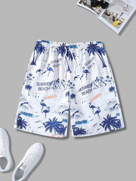 

men random letter & palm tree print drawstring waist shorts e7rm#, White;black