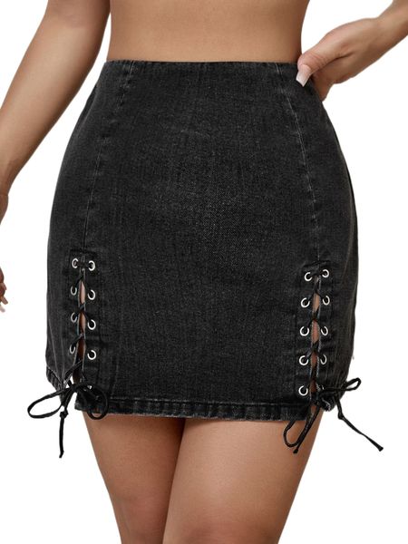 

eyelet lace up knot denim skirt w5nr#, Black